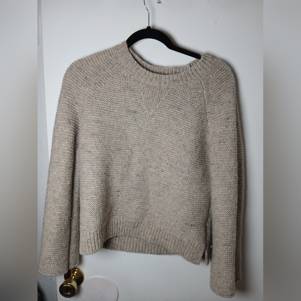Madewell Speckled Knit Crewneck Sweater Beige Wool Blend Size Small Flare Sleeve